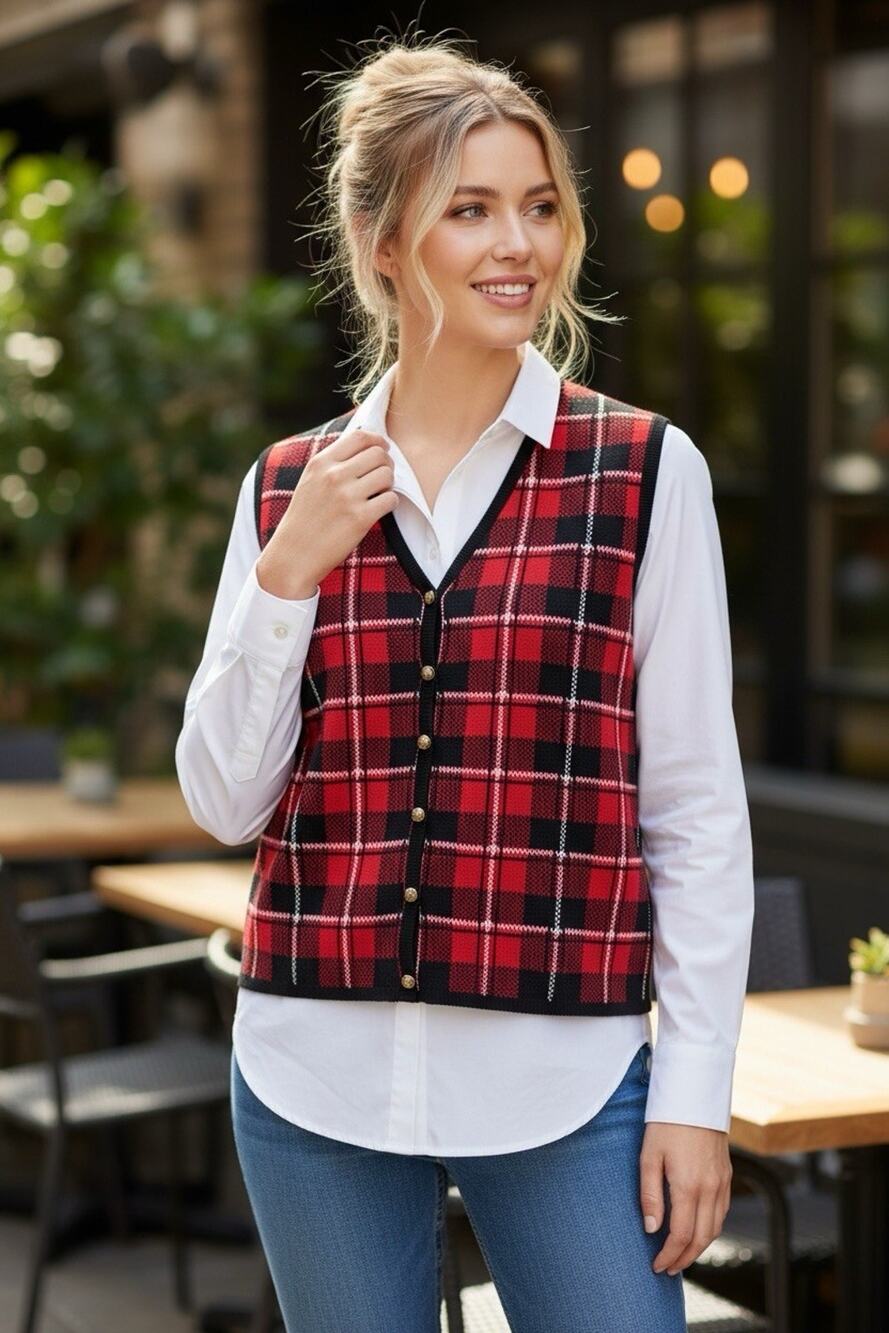 NWT Croft & Barrow Vintage Sweater Vest Red Black Plaid Size M Academic Classic